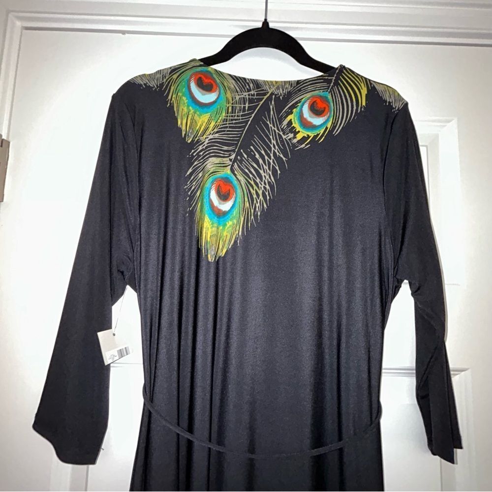 New, Madison Peacock Feather Print Cowlneck 3/4 Length Sleeve Dress - Picture 6 of 8